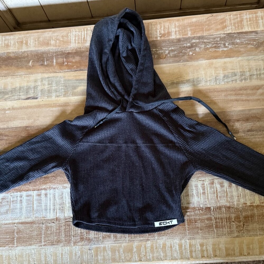 ECHT Cropped Charcoal Grey Long Sleeved Top with Hoodie Medium